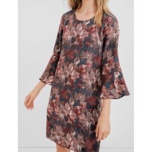 Garnet Hill‎ Womens 100% Silk Shift Dress 14 Printed Bell Sleeve Office Neutral